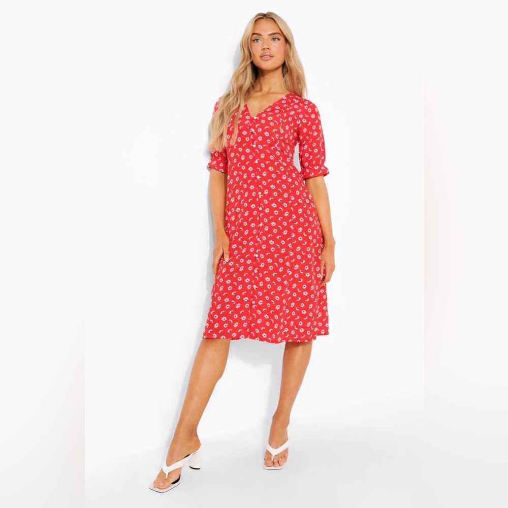 Boohoo Red/White Floral Button Down Midi Skater Dress 12